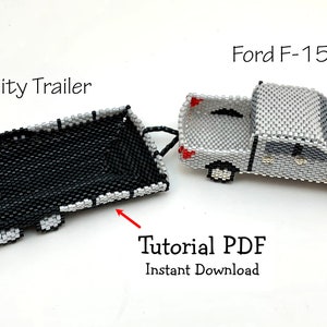 May include: A beaded model of a silver Ford F-150 pickup truck with a matching silver utility trailer. The truck and trailer are separated, with the trailer on the left and the truck on the right. The text "Ford F-150" is above the truck and the text "Utility Trailer" is above the trailer. The text "Tutorial PDF Instant Download" is below the truck and trailer.