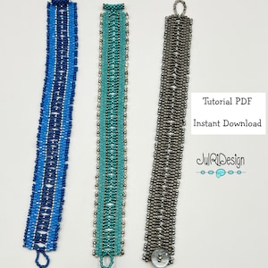 May include: Three beaded bracelets in blue, teal, and grey. The bracelets are rectangular with detailed beadwork patterns. The image includes the text "Tutorial PDF Instant Download" and the designer's logo.