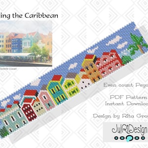 May include: A colorful beading pattern for a bracelet depicting a Caribbean cityscape with colorful buildings, a palm tree, and clouds against a blue sky. The pattern is for even count peyote stitch and is available as a PDF instant download. The design is by JulRiDesign.