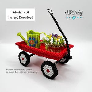 Op de afbeelding: Een kleine rode kralenwagen met zwarte wielen, een zwarte handgreep en een kralen gieter en bloemenmand. De wagen heeft de tekst "Tutorial PDF Instant Download".