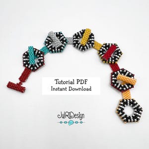 May include: A beaded bracelet with a geometric design. The bracelet features hexagonal and cylindrical beads in various colours, including red, black, white, yellow, grey, and turquoise. The text "Tutorial PDF Instant Download" is displayed on the image.