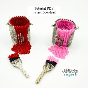 May include: Two beaded paint buckets, one red and one pink, with matching paint spills and paintbrushes. The buckets are silver with silver handles. The paintbrushes have white, black, and colored bristles. Text on the image reads "Tutorial PDF Instant Download".