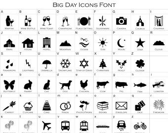 Big Day Icons Font for Wedding Itinerary, Guest Timeline, How We Met, Church, Chuppah, Barn, Beach, Shuttle, Trolley, Limo, Bicycle, Rings