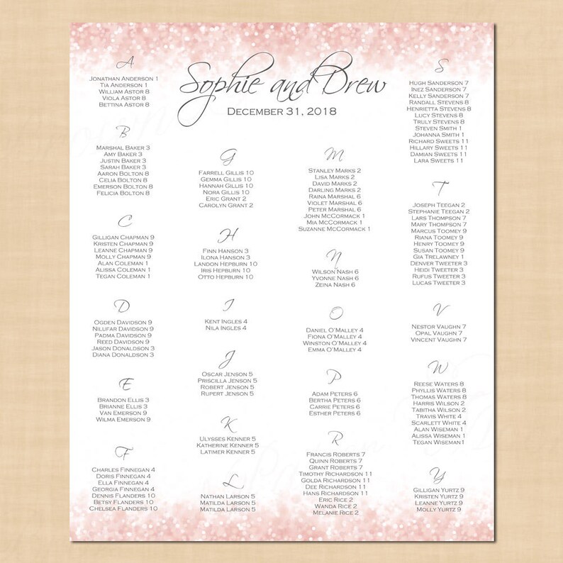 18x22, Portrait Pink Blush Glitter Seating Chart Poster Printable Instant Download : Text-Editable in Word\u00ae Table Number /& Alphabetical