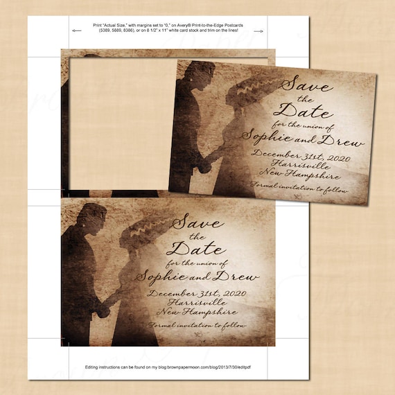 frankensteins bride antique halloween save the date 6x4 landscape text editable in word printable on avery postcards instant download avery save the date templates