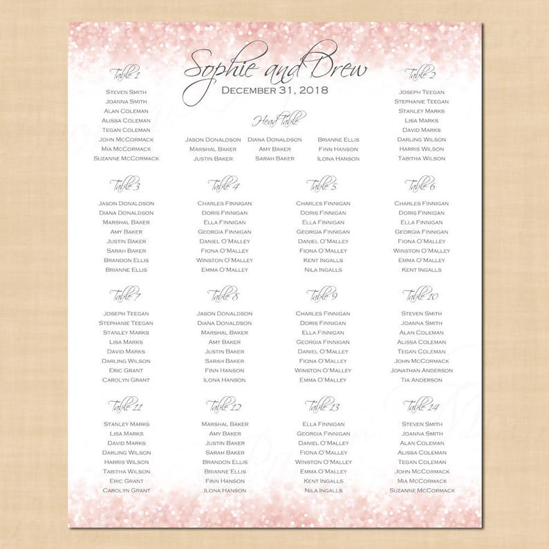 18x22, Portrait Pink Blush Glitter Seating Chart Poster Printable Instant Download : Text-Editable in Word\u00ae Table Number /& Alphabetical