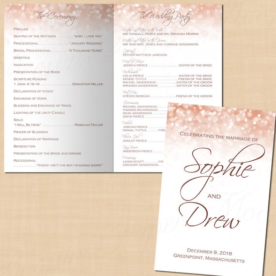 rose gold sparkles wedding program booklet folds to 5 5 x 8 5 text editable in microsoft word printable instant download microsoft booklets