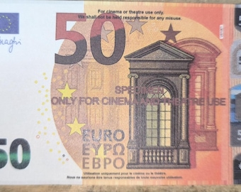 Juego de 50 billetes falsos de 50 euros, dinero de utilería, accesorios de películas, fragmentos de películas, fotos y decoraciones.