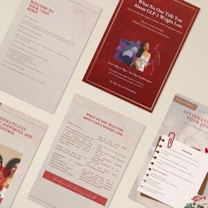 May include: An overhead shot of several printed documents and a book. The book has a red cover with the title "What No One Tells You About GLP-1 Weight Loss". Other documents include text like "Welcome to Your 7-Day Reset" and "Affirmations for Your Journey".