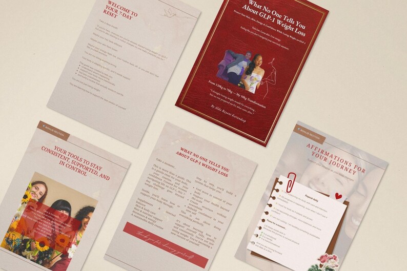 May include: An overhead shot of several printed documents and a book. The book has a red cover with the title "What No One Tells You About GLP-1 Weight Loss". Other documents include text like "Welcome to Your 7-Day Reset" and "Affirmations for Your Journey".
