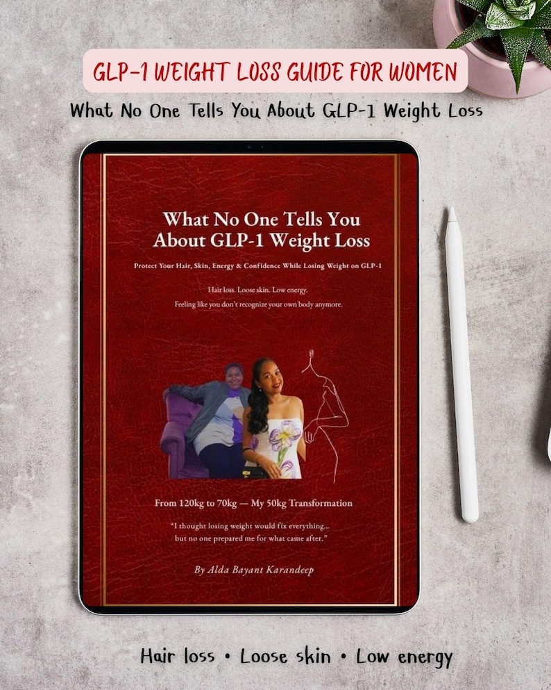 May include: A digital tablet displays a book cover with the title "What No One Tells You About GLP-1 Weight Loss." The cover is red with gold trim and features text, images, and the author's name. The book discusses weight loss, hair loss, and low energy.