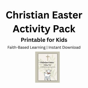 Può includere: Uno sfondo bianco con il testo "Christian Easter Activity Pack Printable for Kids". Una piccola immagine di un libretto con un agnello e una croce è al centro. Il libretto è etichettato "Christian Easter Activity Pack".