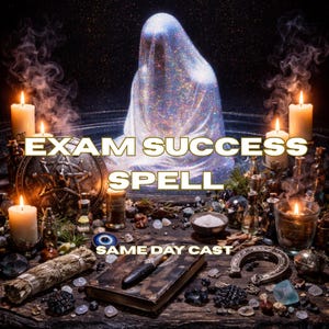 Può includere: Immagine mistica con candele, cristalli e un libro. Il testo recita "EXAM SUCCESS SPELL" e "SAME DAY CAST". Una figura è drappeggiata in un tessuto scintillante, su sfondo scuro.