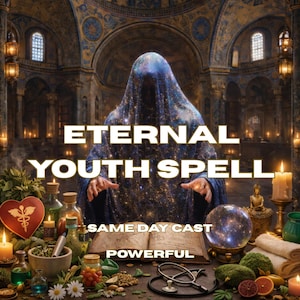 May include: An image with the text "ETERNAL YOUTH SPELL" and "SAME DAY CAST" and "POWERFUL". The image shows a person in a dark robe with a starry pattern, surrounded by candles, potions, and a crystal ball.