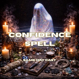 May include: An image featuring a mystical scene with the text "CONFIDENCE SPELL" and "SAME DAY CAST". The scene includes lit candles, a veiled figure, a book, and various magical items, creating an atmosphere of enchantment.