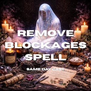 May include: A mystical image featuring the text "REMOVE BLOCKAGES SPELL". The scene includes lit candles, crystals, and a figure draped in a shimmering veil. Other items include a scroll, scissors, and small bottles.