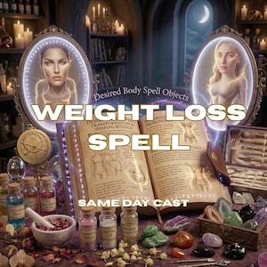 May include: An open book with anatomical illustrations and the words "WEIGHT LOSS SPELL" is the focal point. Surrounding it are potion bottles, crystals, and mirrors with ethereal figures. The text "SAME DAY CAST" is also visible. The image has a mystical theme.