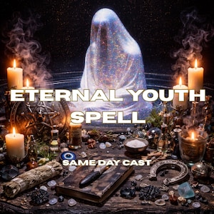 Può includere: Immagine di una scena mistica con il testo "ETERNAL YOUTH SPELL" e "SAME DAY CAST". La scena include candele accese, una figura velata, un libro e vari oggetti rituali, creando un'atmosfera magica.
