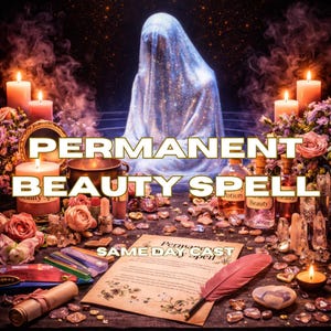 May include: An ethereal scene with the text "PERMANENT BEAUTY SPELL" and "SAME DAY CAST". The image features candles, flowers, potions, and a veiled figure. A scroll, feather, and crystals are also present, creating a mystical ambiance.