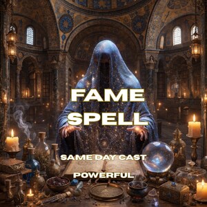 May include: A hooded figure in a dark blue starry cloak stands behind an open book with the text FAME SPELL, SAME DAY CAST, POWERFUL. The scene includes a crystal ball, lit candles, various glass bottles, and small containers on a wooden table.