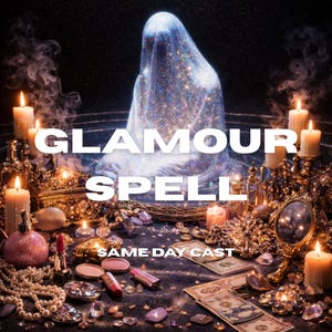 Puede incluir: Imagen con las palabras "Glamour Spell" y "Same Day Cast". La escena incluye velas, joyas, maquillaje y dinero, con una figura brillante en el fondo, creando una atmósfera mística.