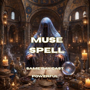 May include: A hooded figure in a dark blue starry cloak stands behind an open book with the text MUSE SPELL SAME DAY CAST POWERFUL. The scene includes a crystal ball, lit candles, glass bottles, and small containers on a wooden table.