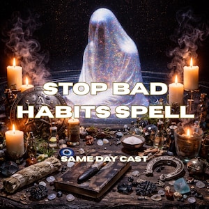 May include: An image of a mystical scene with lit candles, a pentagram, and various ritual items. The text "STOP BAD HABITS SPELL" and "SAME DAY CAST" are displayed prominently. A figure is draped in a shimmering cloth.