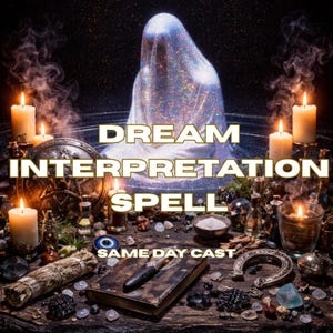 May include: A mystical image with the text "DREAM INTERPRETATION SPELL SAME DAY CAST". The scene includes lit candles, a veiled figure, a book, and various magical items, creating an atmosphere of enchantment and mystery.