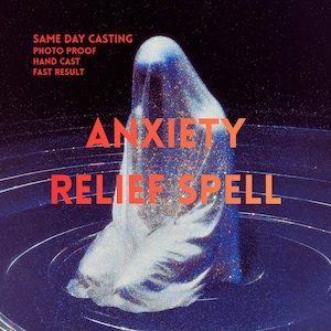 May include: A digital graphic featuring a shimmering, glittery, blue-toned figure draped in fabric, centered against a dark, starry background. The text reads: SAME DAY CASTING, PHOTO PROOF, HAND CAST, FAST RESULT, ANXIETY RELIEF SPELL in orange.