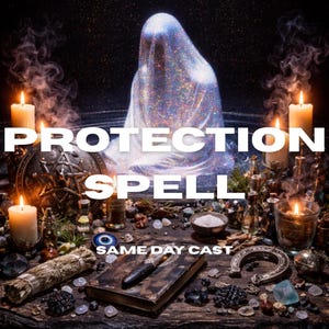 May include: An image with the text "PROTECTION SPELL" and "SAME DAY CAST". The scene includes lit candles, a figure draped in shimmering fabric, and various mystical items like a book, crystals, and a horseshoe, creating a magical atmosphere.