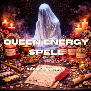 May include: An image featuring a mystical theme with the text "QUEEN ENERGY SPELL." The scene includes candles, roses, a crown, and bottles labeled "Goddess Energy," "Regal Confidence," and "Power & Charisma." A red quill and scroll are also present.