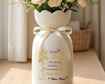 Personalized To My Daughter Bloom Ceramic Vase, Custom Birth Flower Vase With Ribbon, Mother's Day Birthday Gifts For Daughter