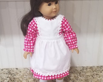 American Made 18 inch Girl doll clothing - Party Dress, Large Pink check, Dress with Pinafore