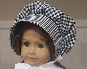 American Made 18 inch doll clothing -  Black and White Bonnet, Black Gingham Prairie Cap, Little House Bonnet