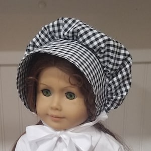 American Made 18 inch doll clothing -  Black and White Bonnet, Black Gingham Prairie Cap, Little House Bonnet