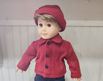American Made 18 inch Girl Doll clothing - Soft Maroon Fleece Jacket, Button Front Jacket for 18 inch  boy doll, Fleece Beanie