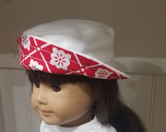 American Made 18" Girl or Boy Doll Clothing White Cotton  Bucket Hat Red Trim 15" Twins or Bitty Baby doll