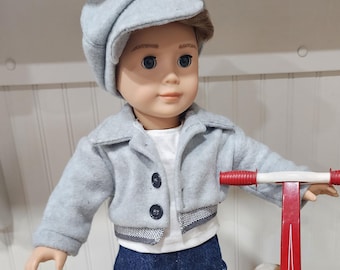 American Made 18 inch Girl Doll clothing -  Gray Sports Jacket and Matching Newsboy Cap, Button Front Jacket  Banded Jacket