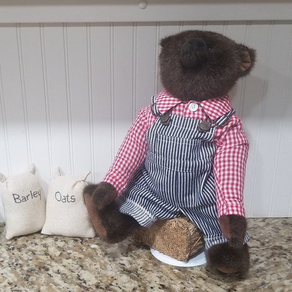 Farmer Bear with Striped Overalls and Gingham Shirt, 15" Jointed Dressy Bear, Gift Bear