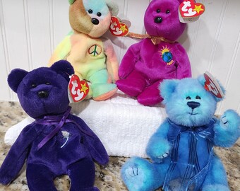 Four Ty Beanie Babies Bears, Peace, Princess,  Azure, Millennium