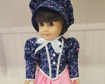 American Made 18 inch  Girl doll clothing - Felicity  1770's Era Navy and Pink Carico and Gathered Skirt Optional Bonnet