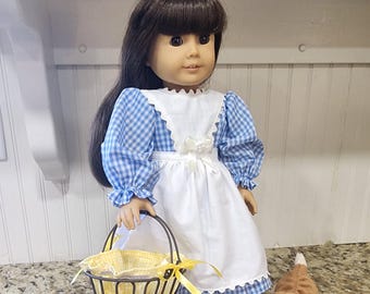 American Made 18" Girl Doll clothing -  Sunday Picnic Dress, Blue Gingham Dress,  Fancy Doll Dress, Doll Size Picnic Basket