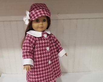 American Made 18" Girl doll clothing - Pink Plaid Wool Coat with Matching Cloche Hat