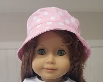 American Made 18 inch Girl or Boy Doll Clothing - Fun Light Pink Polka Dot Cotton Bucket Hats, Doll Beachwear