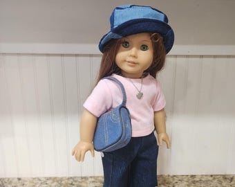 American Made 18 inch Girl or Boy Doll clothing - Denim Patch Bucket hat and Denim Purse