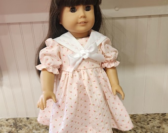 American Made 18" doll  clothes - Pink Floral Seersucker Dress with Fancy Collar
