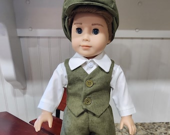 American Made Spanish Olive Green Cotton Vest, Newsboy and Matching Pants for an 18 inch doll with optional shirt