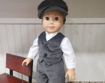 American Made 18 inch Girl or Boy Doll clothing - Gray Velveteen Pants, Vest and Newsboy with optional shirt