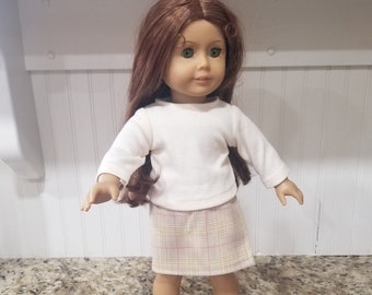 American Made 18 inch Doll clothing - Cream Ivory Long Sleeve T-Shirt, Plaid Skort or Entire Outfit