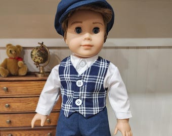 American Made 18 inch doll clothing - Blue Pants and Newsboy Cap and a Blue Plaid Vest with Optional Button Front Shirt